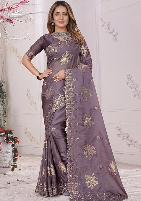 Lavender Embroidered Organza Soft Silk Saree Set