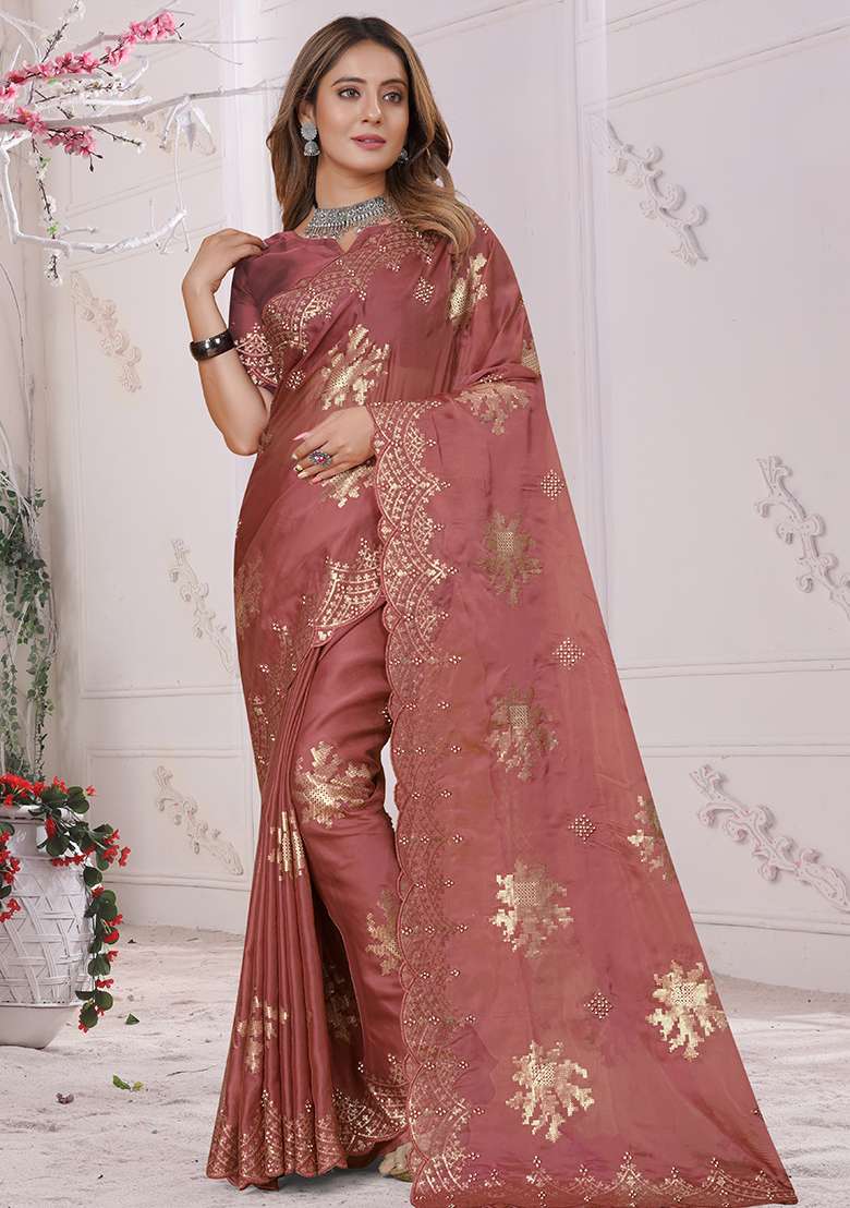 Rose Organza Soft Silk Blend Saree Set with Embroidered for Diwali | Wedding & Festive Wear - Indya