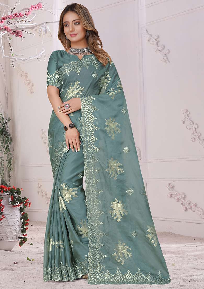 Dusty Firozi Soft Silk Organza Saree Set with Embroidered for Diwali | Wedding & Festive Wear - Indya