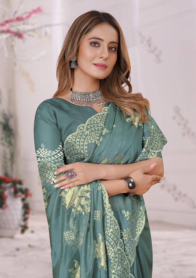 Dusty Firozi Embroidered Organza Soft Silk Saree Set - Indya