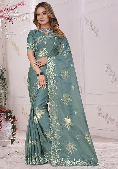 Dusty Firozi Embroidered Organza Soft Silk Saree Set
