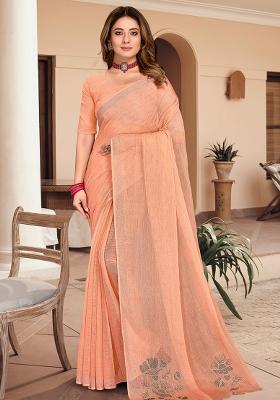 Peach Embroidered Simmer Silk Saree Set
