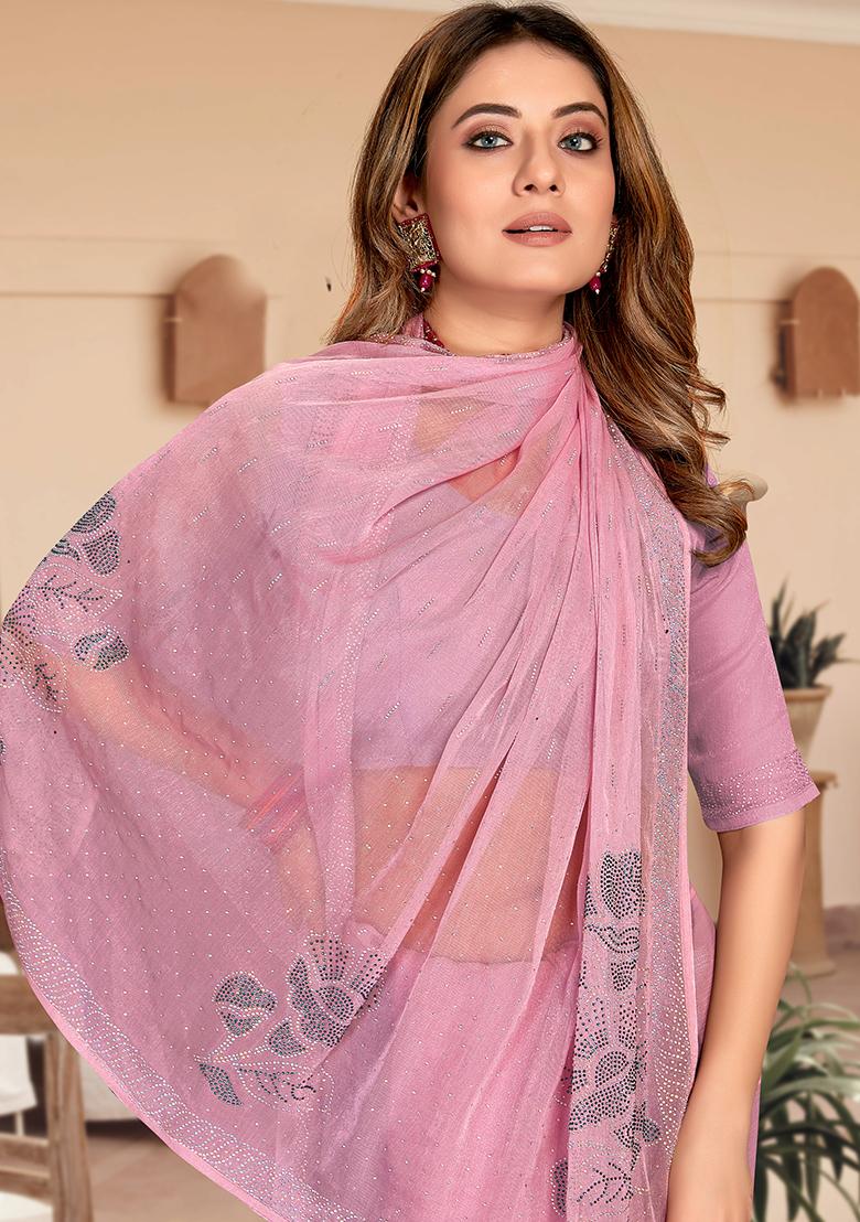Dusty Pink Embroidered Simmer Silk Saree Set - Indya