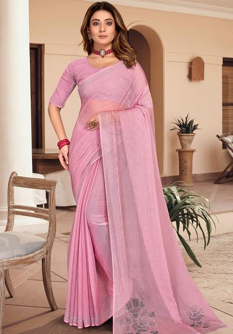 Dusty Pink Embroidered Simmer Silk Saree Set