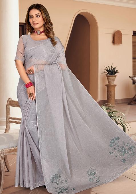 Grey Embroidered Simmer Silk Saree Set