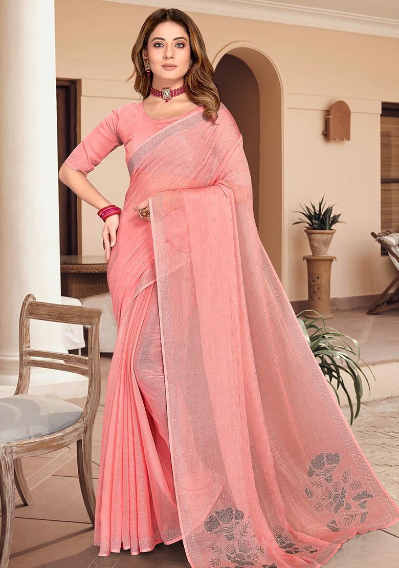 Rose Embroidered Simmer Silk Saree Set - Indya