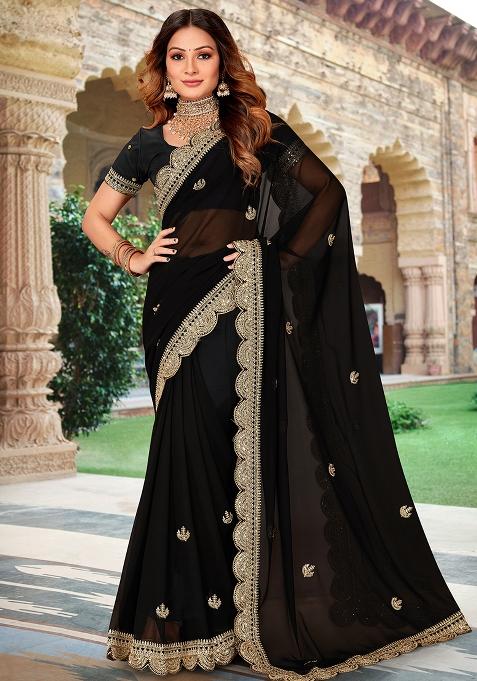 Black Embroidered Georgette Saree Set