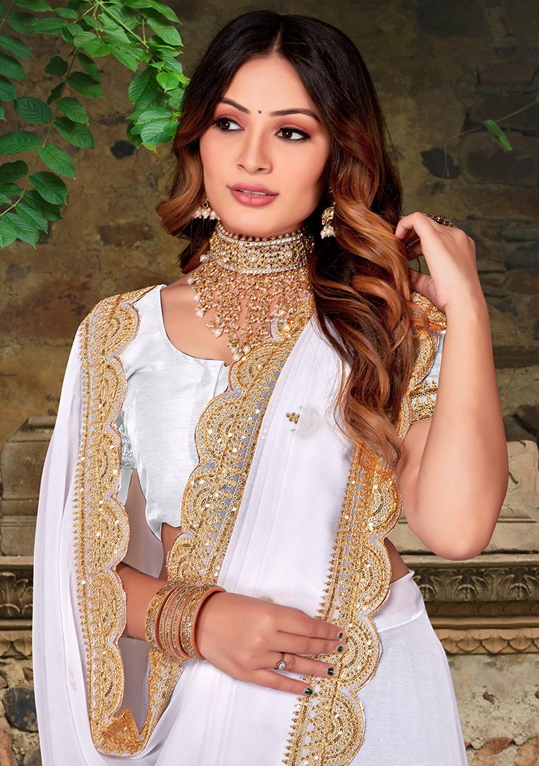 White Embroidered Georgette Saree Set - Indya