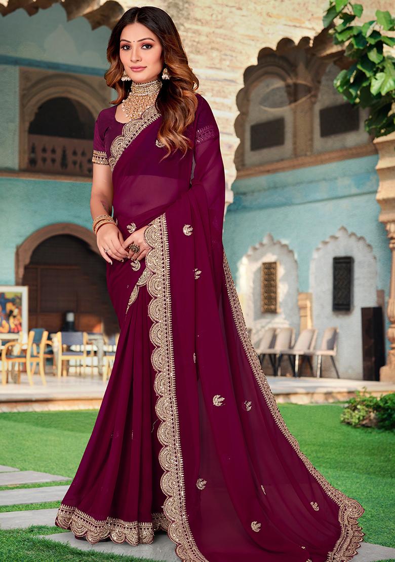 Wine Embroidered Georgette Saree Set