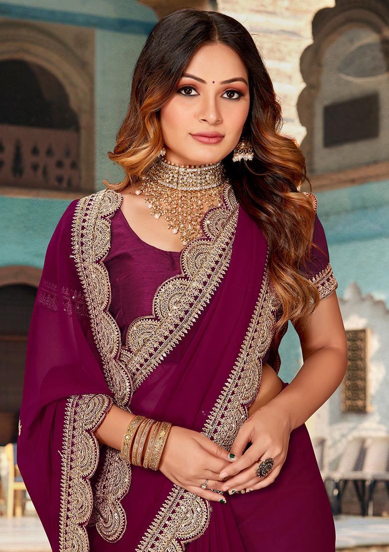 Wine Embroidered Georgette Saree Set - Indya