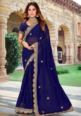 Navy Blue Embroidered Georgette Saree Set