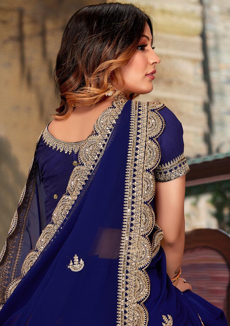 Navy Blue Embroidered Georgette Saree Set - Indya