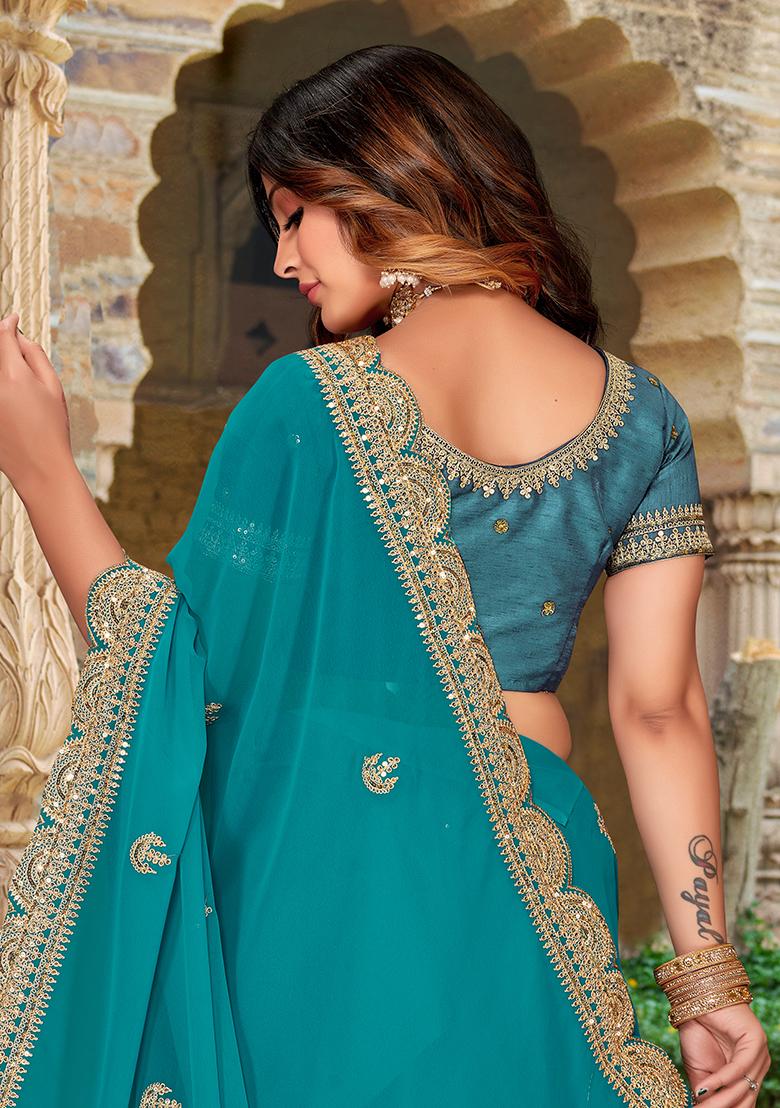 Rama Embroidered Georgette Saree Set - Indya