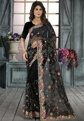 Black Embroidered Net Saree Set