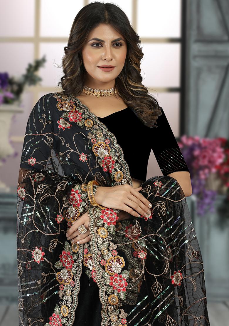 Black Embroidered Net Saree Set - Indya