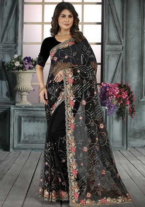 Black Embroidered Net Saree Set