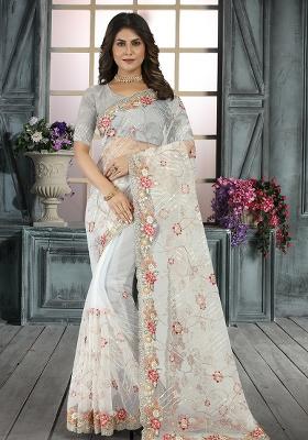 White Embroidered Net Saree Set
