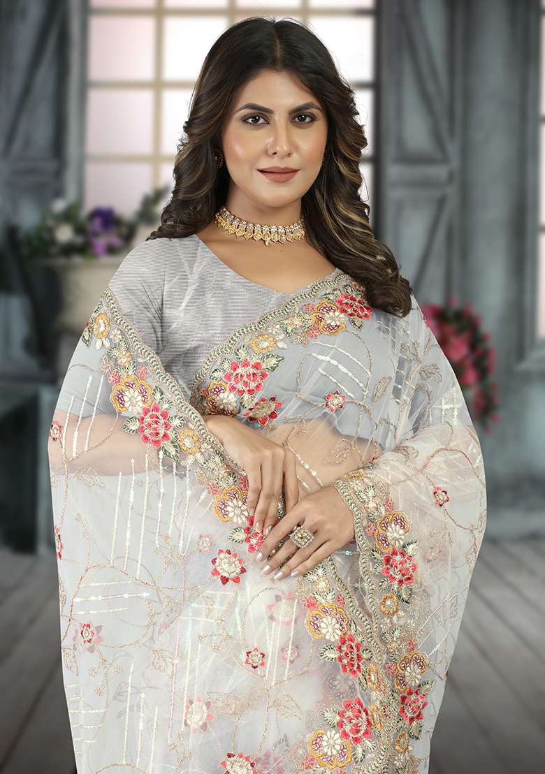 White Embroidered Net Saree Set for Diwali and Festive Wear - Indya