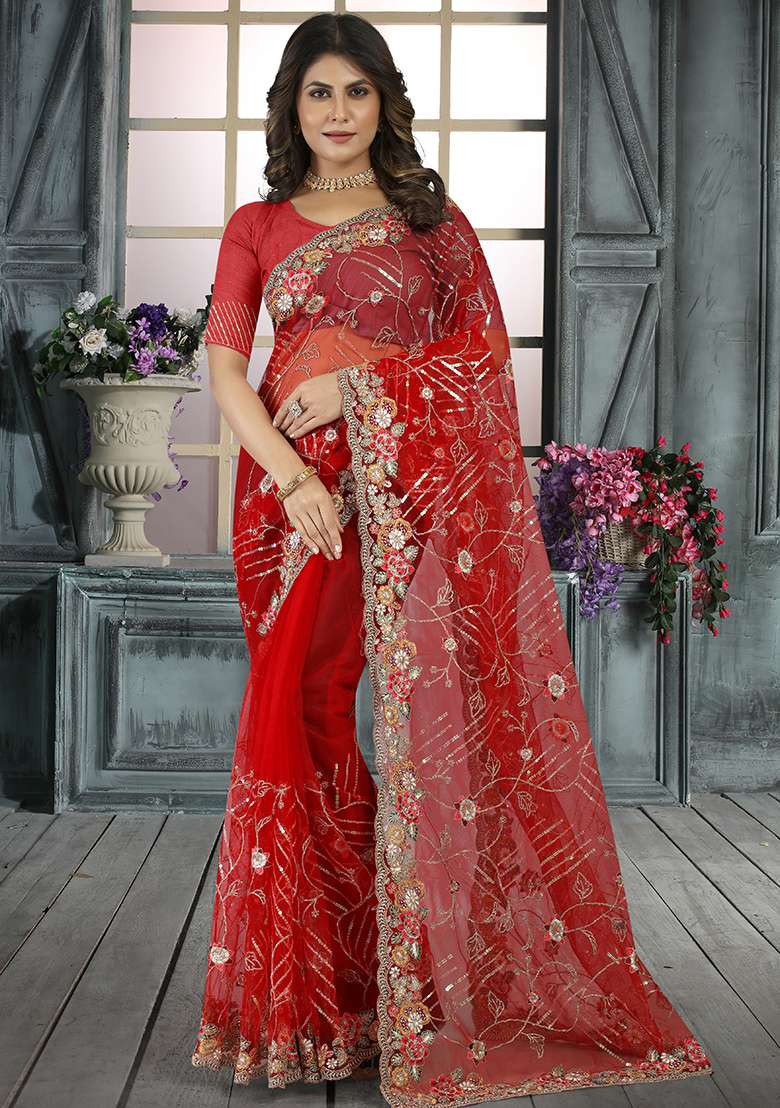Red Net Saree Set with Embroidered for Diwali | Wedding & Festive Wear - Indya