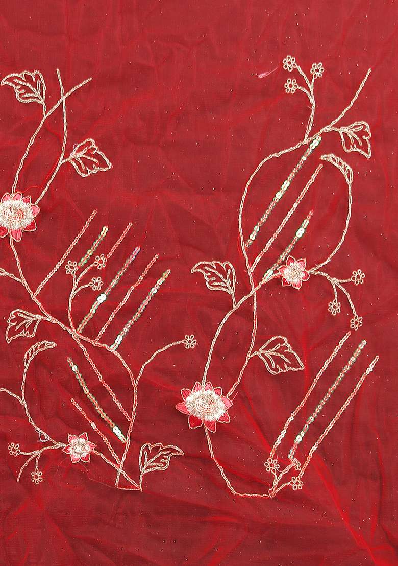 Red Net Saree Set with Embroidered for Diwali | Wedding & Festive Wear - Indya