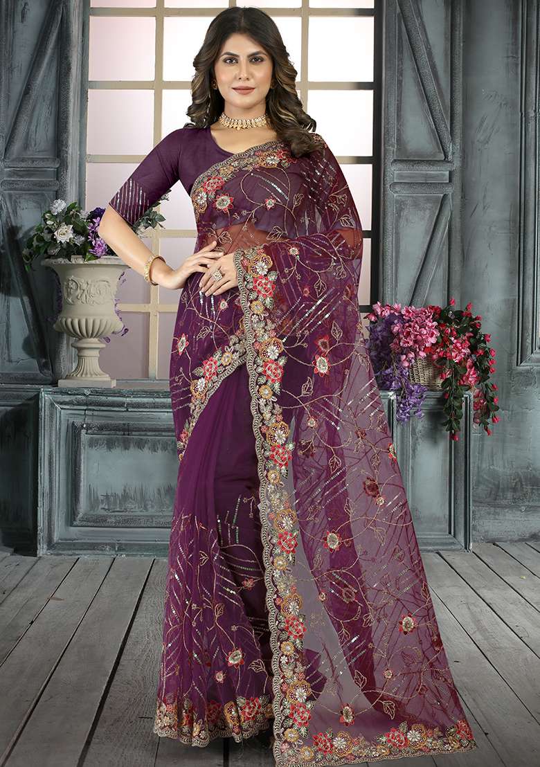 Wine Net Saree Set with Embroidered for Diwali | Wedding & Festive Wear - Indya