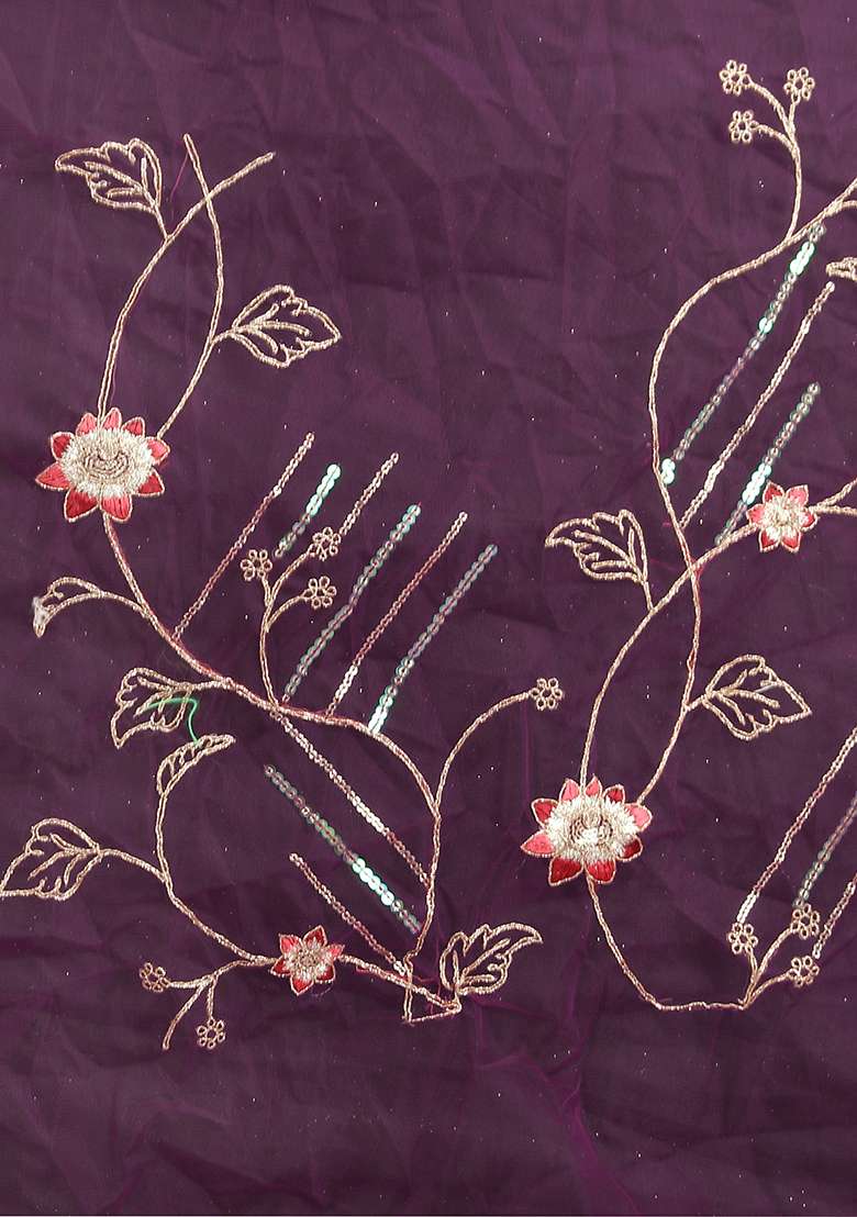 Wine Net Saree Set with Embroidered for Diwali | Wedding & Festive Wear - Indya