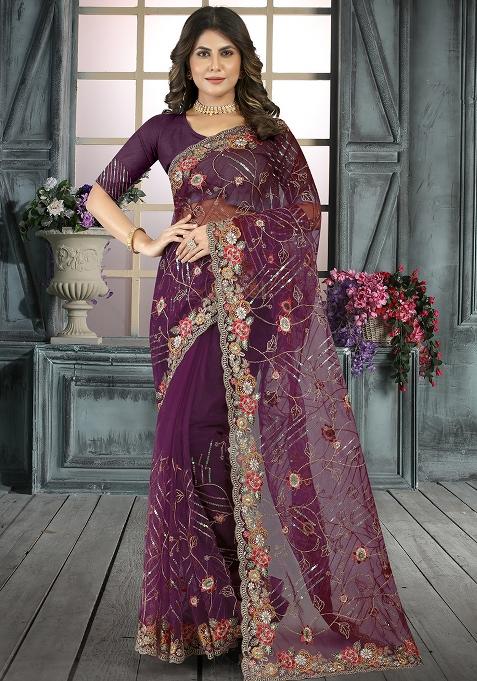 Wine Embroidered Net Saree Set