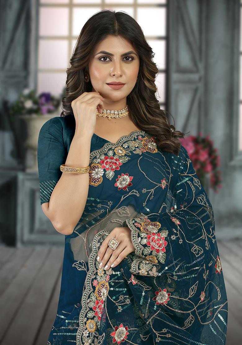 Morpeach Embroidered Net Saree Set - Indya