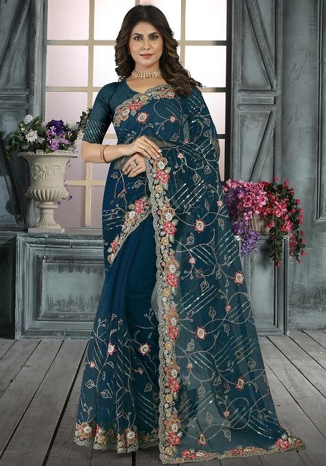 Morpeach Embroidered Net Saree Set