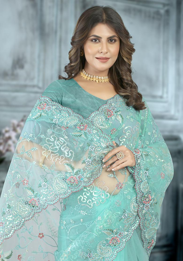 Dusty Sky Embroidered Net Saree Set - Indya