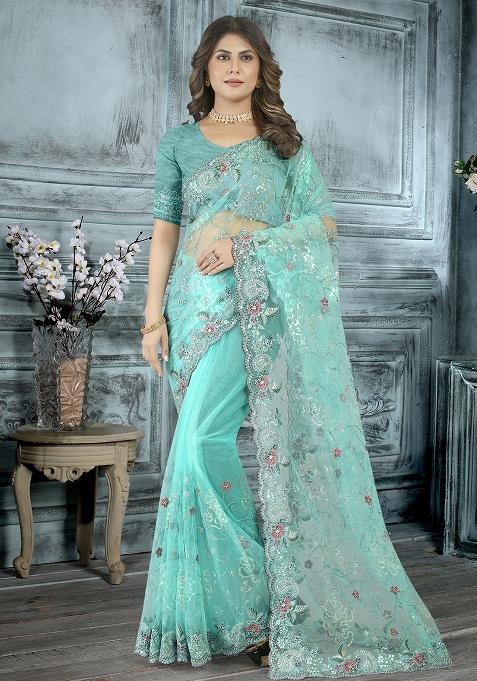 Dusty Sky Embroidered Net Saree Set