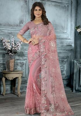 Pink Embroidered Net Saree Set