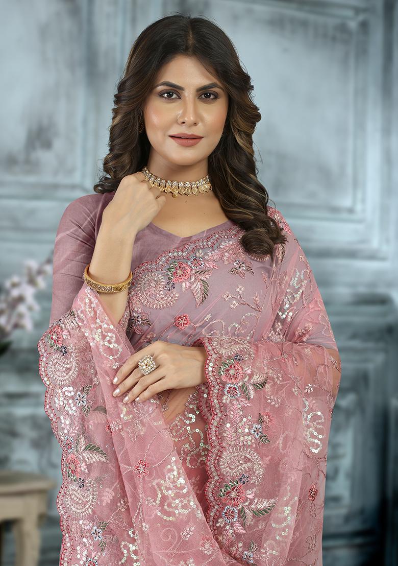 Pink Embroidered Net Saree Set - Indya