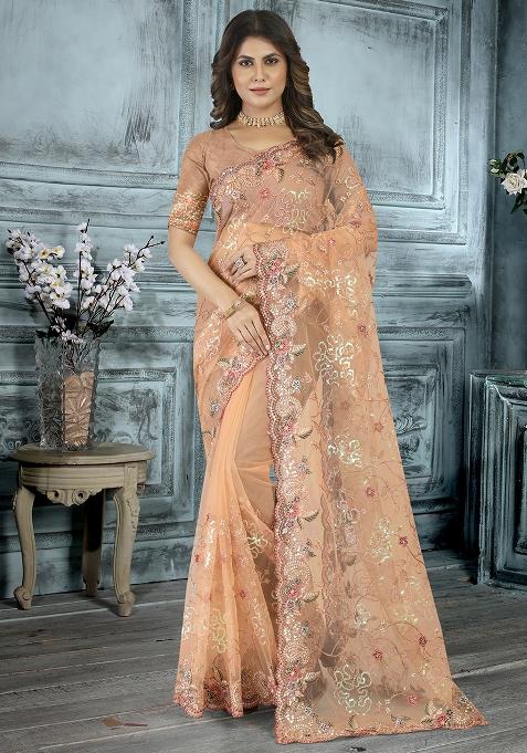 Dusty Peach Embroidered Net Saree Set