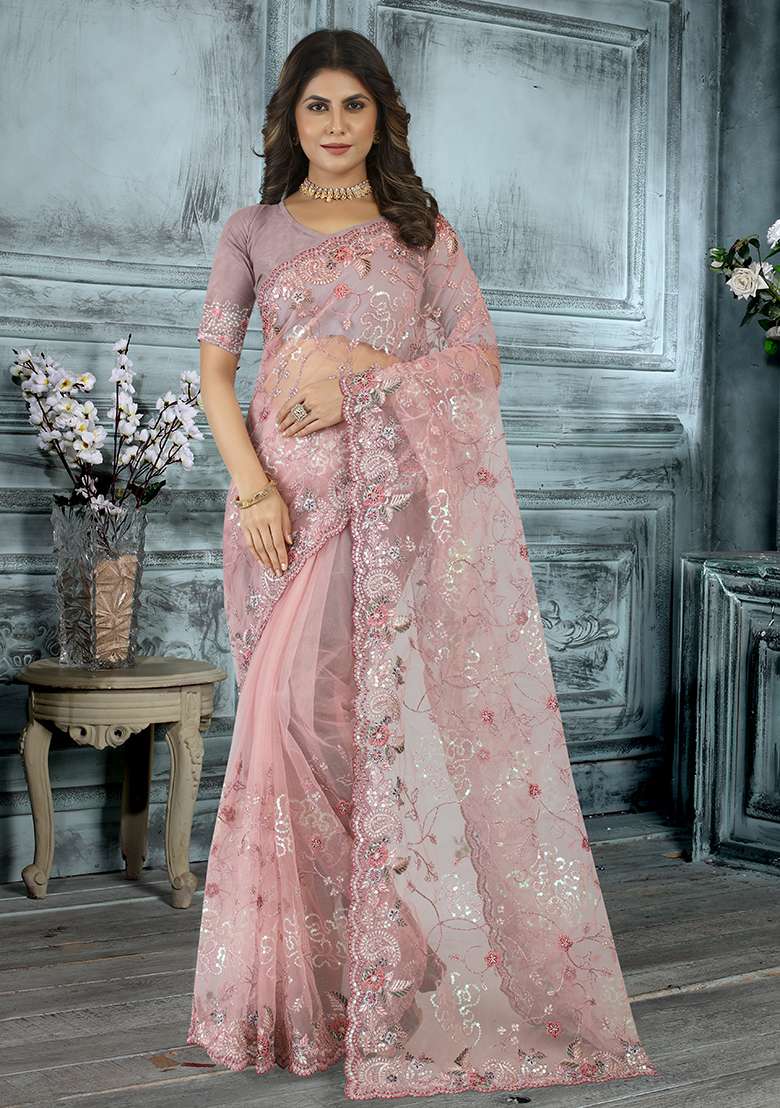 Dusty Pink Net Saree Set with Embroidered for Diwali | Wedding & Festive Wear - Indya