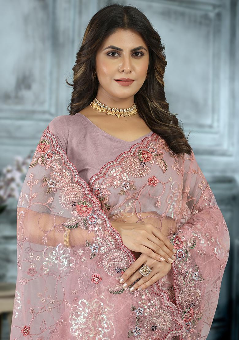 Dusty Pink Embroidered Net Saree Set - Indya