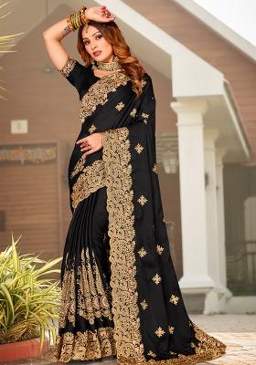 Black Embroidered Pure Satin Saree Set
