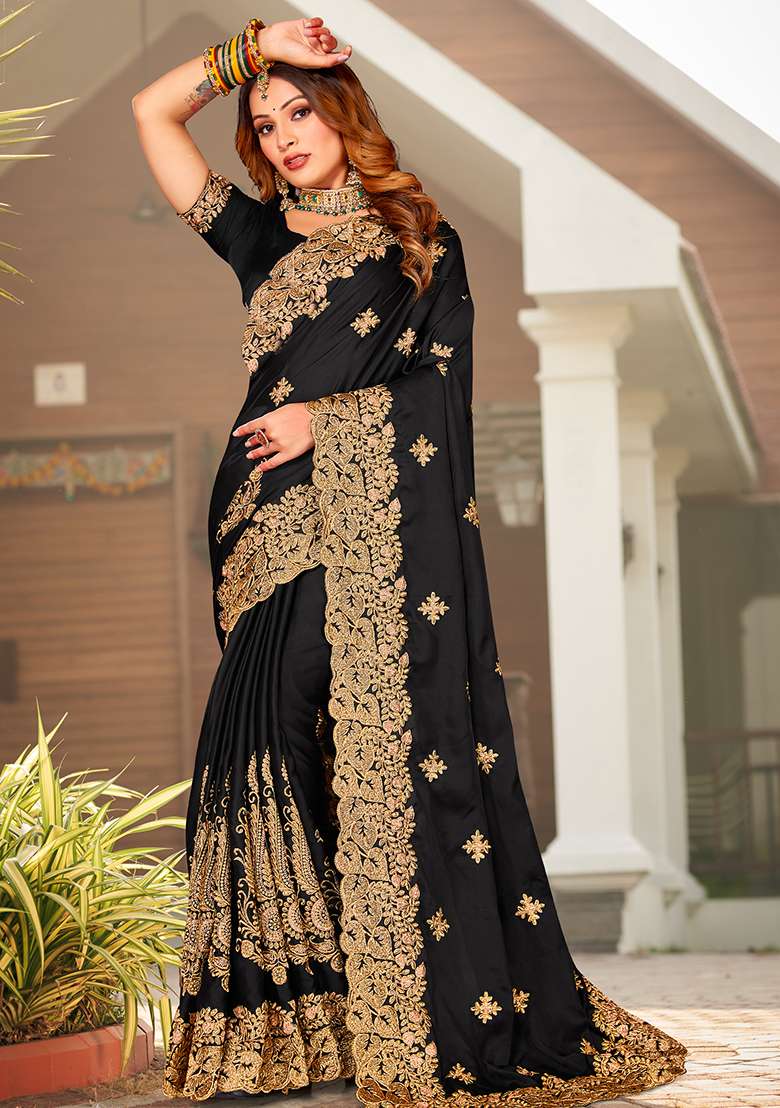 Black Embroidered Pure Satin Saree Set for Diwali and Festive Wear - Indya