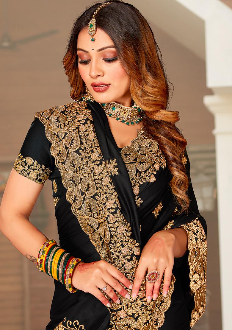 Black Embroidered Pure Satin Saree Set - Indya