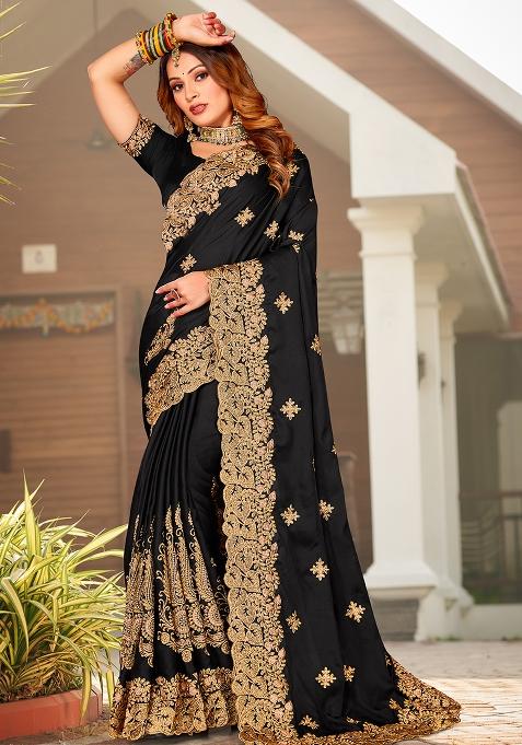 Black Embroidered Pure Satin Saree Set