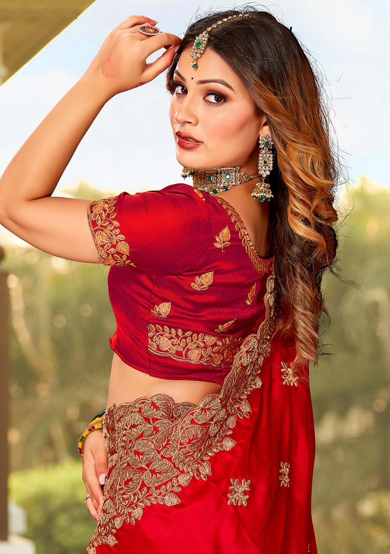 Red Embroidered Pure Satin Saree Set - Indya