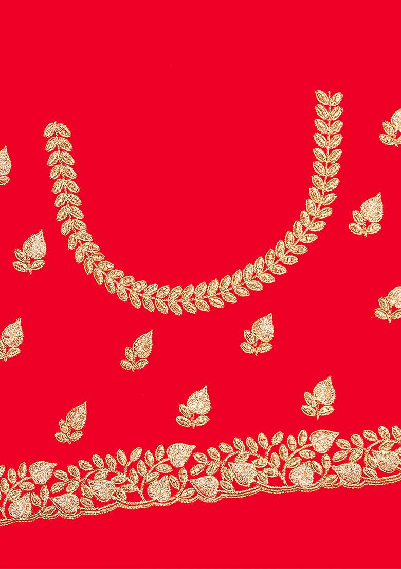 Red Pure Satin Saree Set with Embroidered for Diwali | Wedding & Festive Wear - Indya
