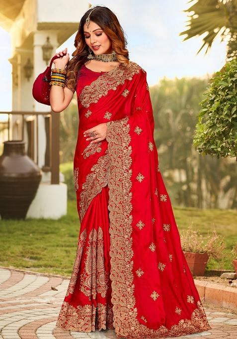 Red Embroidered Pure Satin Saree Set