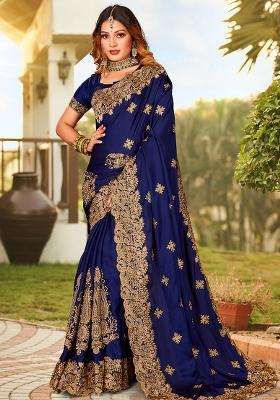 Navy Blue Embroidered Pure Satin Saree Set