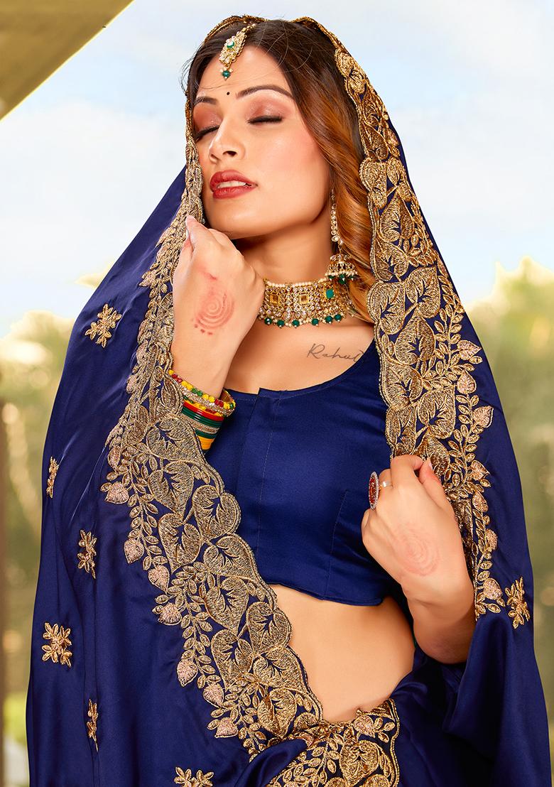Navy Blue Embroidered Pure Satin Saree Set - Indya