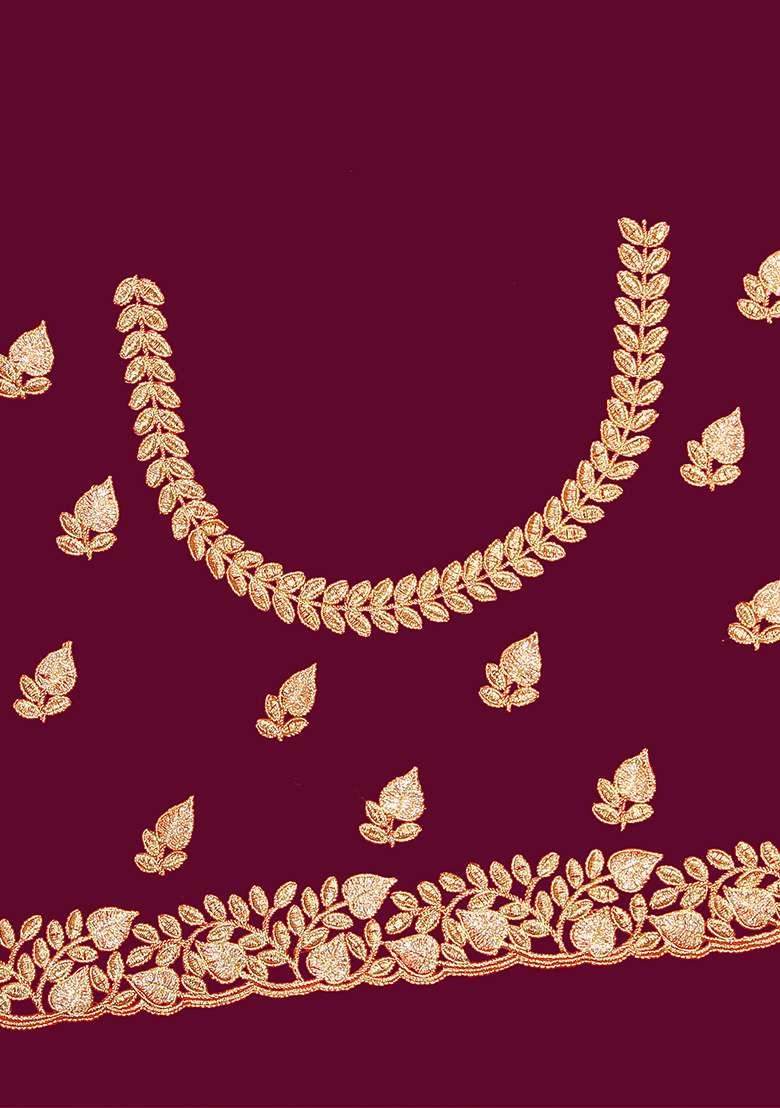 Wine Pure Satin Saree Set with Embroidered for Diwali | Wedding & Festive Wear - Indya