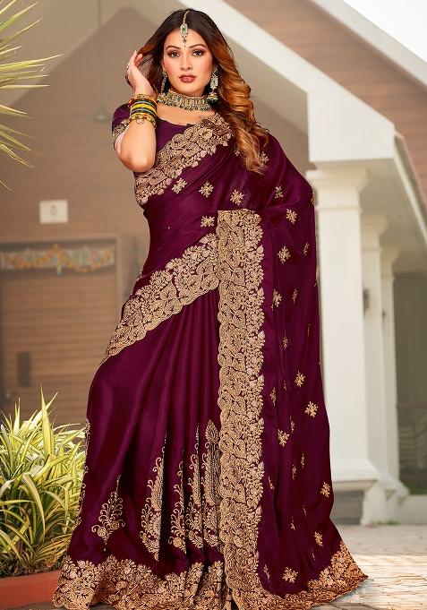 Wine Embroidered Pure Satin Saree Set