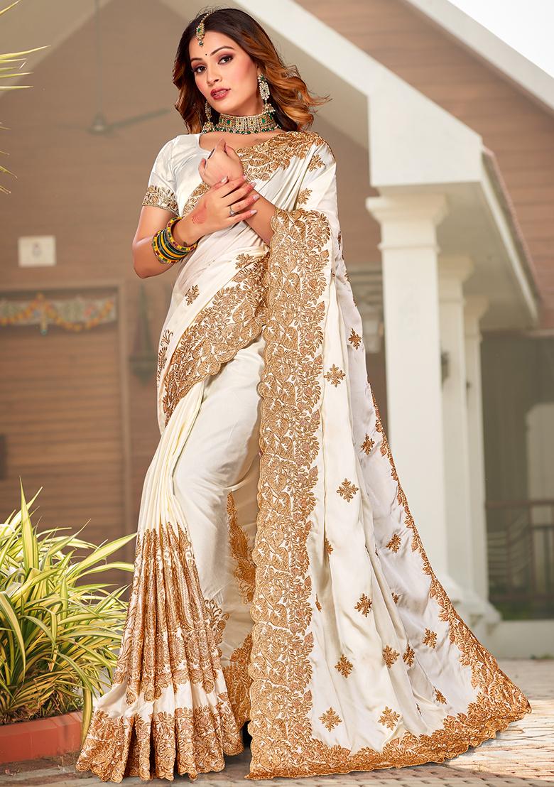 Off White Embroidered Pure Satin Saree Set