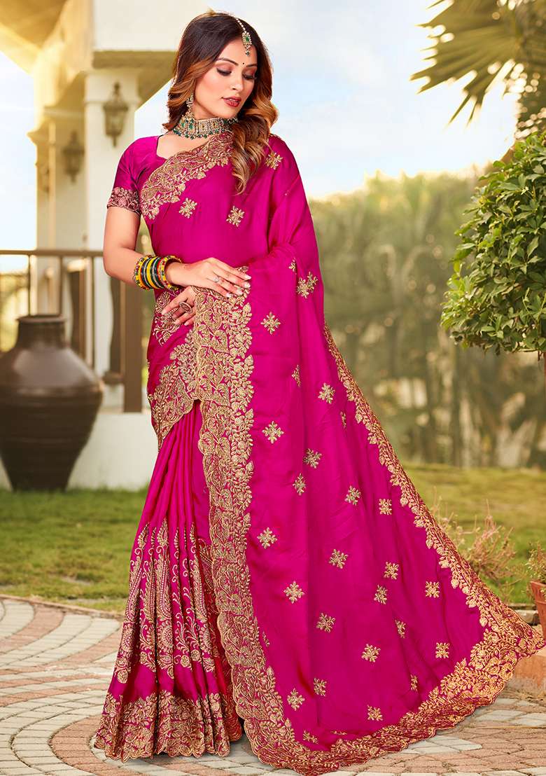 Rani Pure Satin Saree Set with Embroidered for Diwali | Wedding & Festive Wear - Indya
