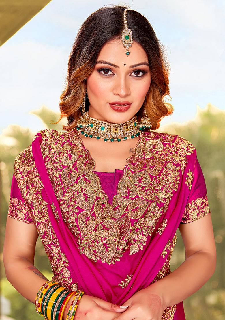 Rani Embroidered Pure Satin Saree Set - Indya